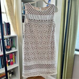 Chico’s Sleeveless Lace Overlay Shift Dress in Light Beige